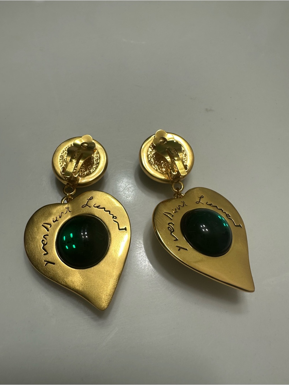 Vintage Yves Saint Laurent Cabochon Clip-On Drop Heart Earrings - Picture 3 of 7